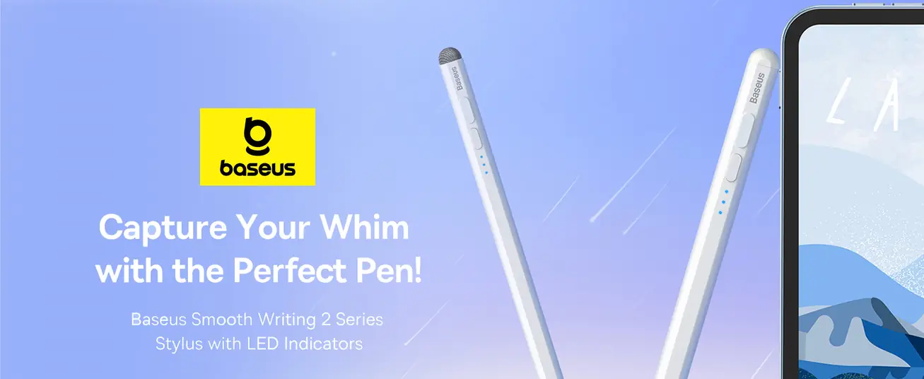 قلم Baseus Smooth Writing 2 Series مع مؤشرات LED – شحن مغناطيسي ورفض راحة اليد – متوافق مع iPad Mini 6 وAir 4/5 وPro من الجيل 0 إلى 6 – أبيض