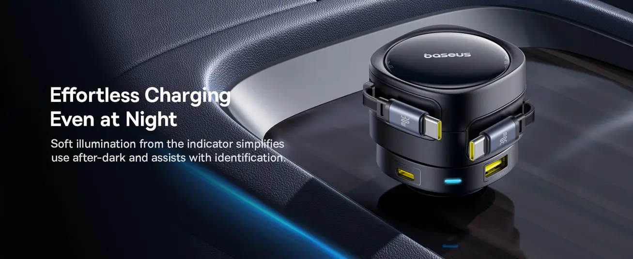شاحن سيارة Baseus Enjoyment Max بقوة 90 واط – كابلين C+C مدمجين ومنافذ U+C – أسود