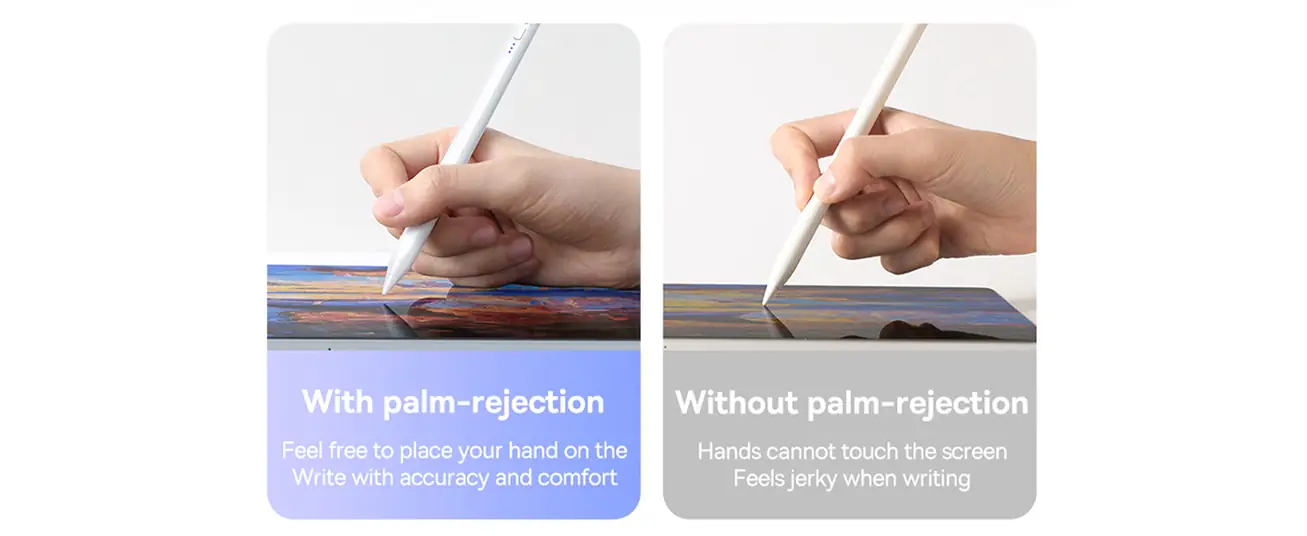 قلم Baseus Smooth Writing 2 Series مع مؤشرات LED – شحن مغناطيسي ورفض راحة اليد – متوافق مع iPad Mini 6 وAir 4/5 وPro من الجيل 0 إلى 6 – أبيض