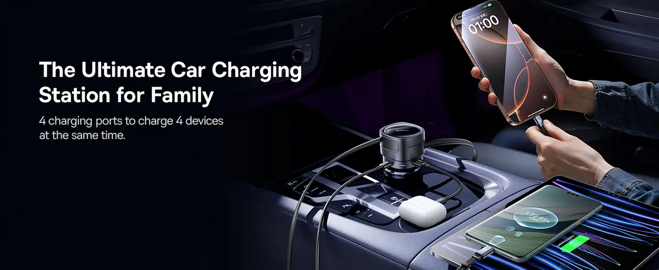 شاحن سيارة Baseus Enjoyment Max بقوة 90 واط – كابلين C+C مدمجين ومنافذ U+C – أسود