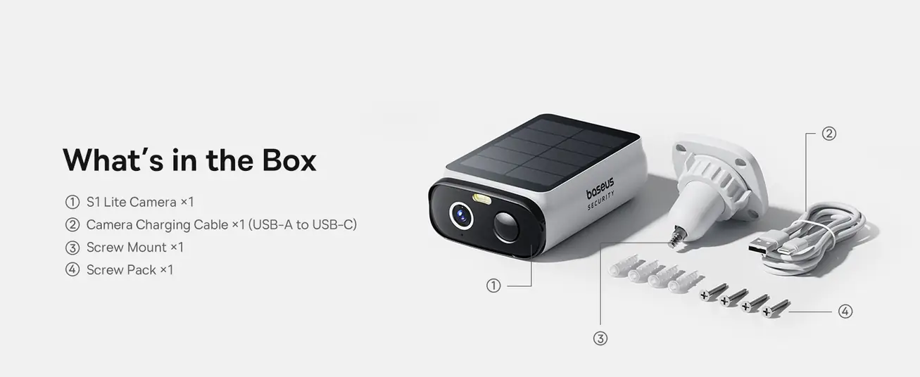 كاميرا مراقبة خارجية Baseus S1 Lite بدقة 2K – شمسية، رؤية ليلية، كشف ذكي، مقاومة للماء، بدون اشتراك – أبيض