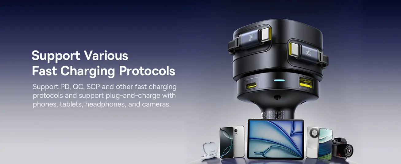 شاحن سيارة Baseus Enjoyment Max بقوة 90 واط – كابلين C+C مدمجين ومنافذ U+C – أسود