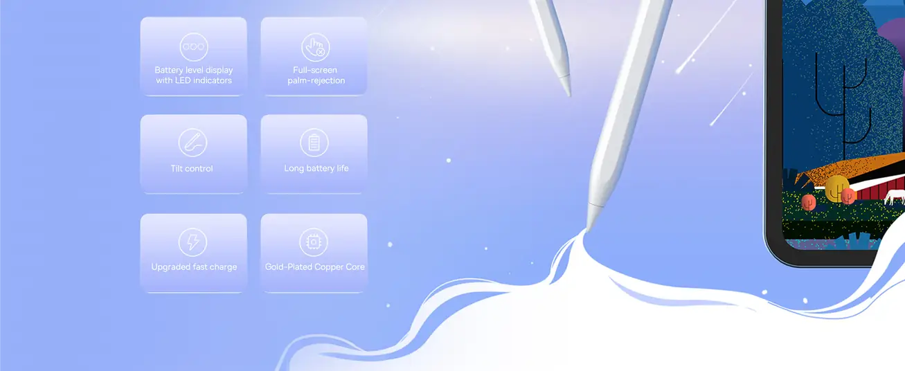 قلم Baseus Smooth Writing 2 Series مع مؤشرات LED – شحن مغناطيسي ورفض راحة اليد – متوافق مع iPad Mini 6 وAir 4/5 وPro من الجيل 0 إلى 6 – أبيض