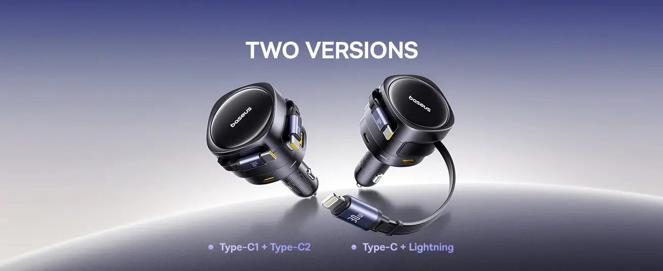 شاحن سيارة Baseus Enjoyment Max بقوة 90 واط – كابلين C+C مدمجين ومنافذ U+C – أسود