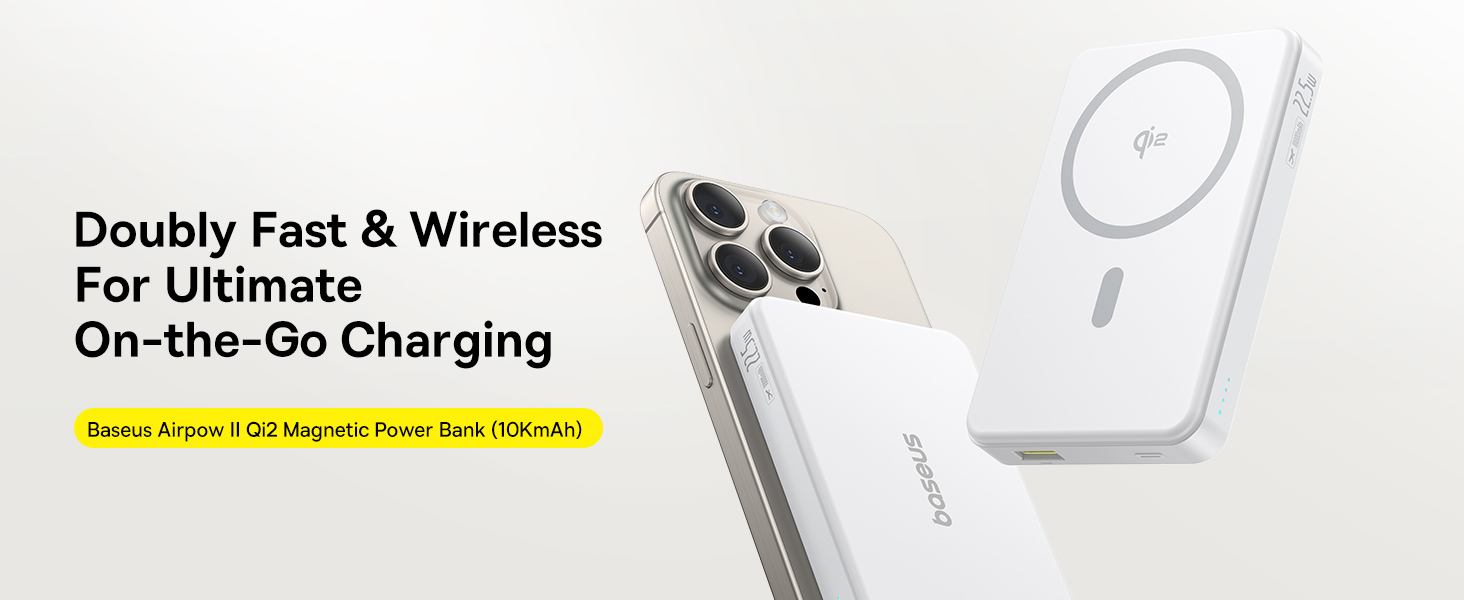 بنك الطاقة Baseus Airpow II Qi2 بقدرة 10000 مللي أمبير – شحن لاسلكي 15 واط، USB