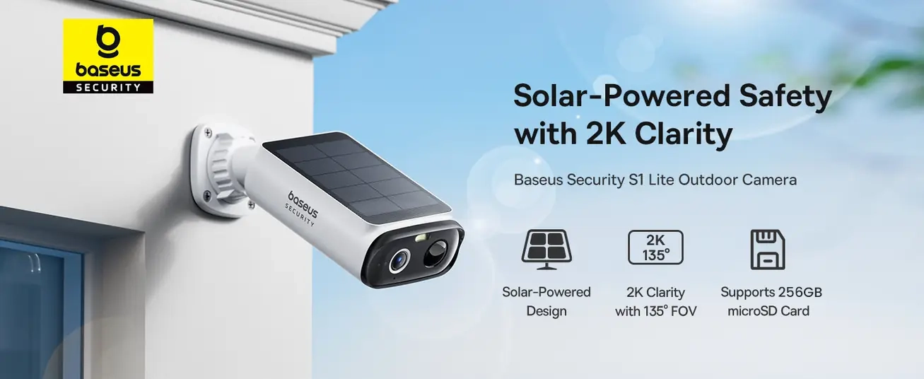 كاميرا مراقبة خارجية Baseus S1 Lite بدقة 2K – شمسية، رؤية ليلية، كشف ذكي، مقاومة للماء، بدون اشتراك – أبيض
