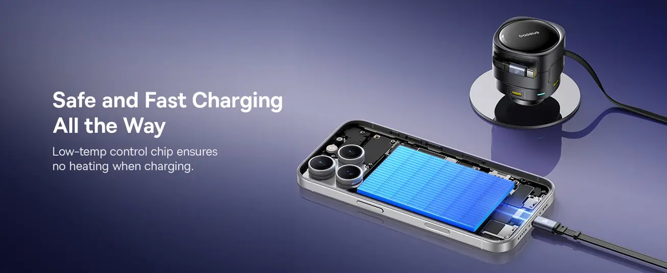 شاحن سيارة Baseus Enjoyment Max بقوة 90 واط – كابلين C+C مدمجين ومنافذ U+C – أسود