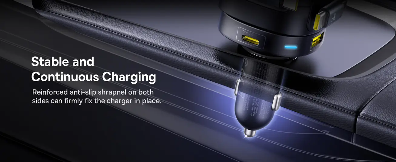 شاحن سيارة Baseus Enjoyment Max بقوة 90 واط – كابلين C+C مدمجين ومنافذ U+C – أسود