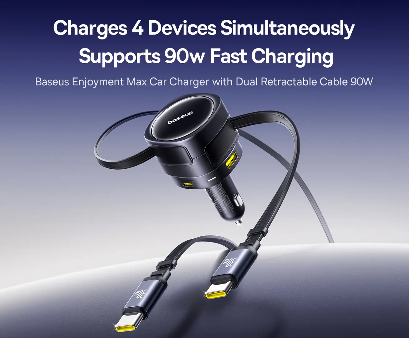 شاحن سيارة Baseus Enjoyment Max بقوة 90 واط – كابلين C+C مدمجين ومنافذ U+C – أسود