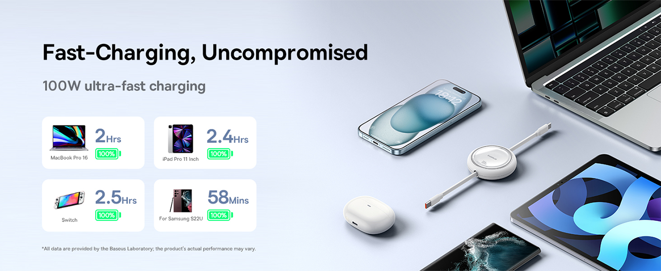 كابل بيانات Baseus 100W Free2 Draw Mini قابل للسحب من النوع C إلى النوع C للشحن السريع بطول 1 متر