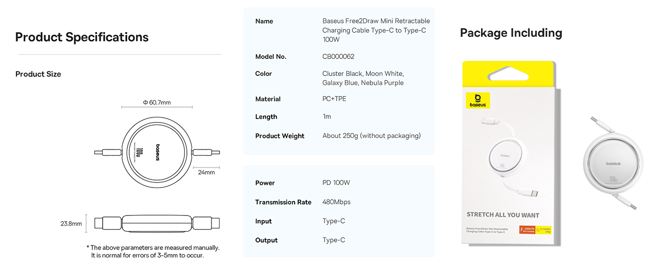 كابل بيانات Baseus 100W Free2 Draw Mini قابل للسحب من النوع C إلى النوع C للشحن السريع بطول 1 متر