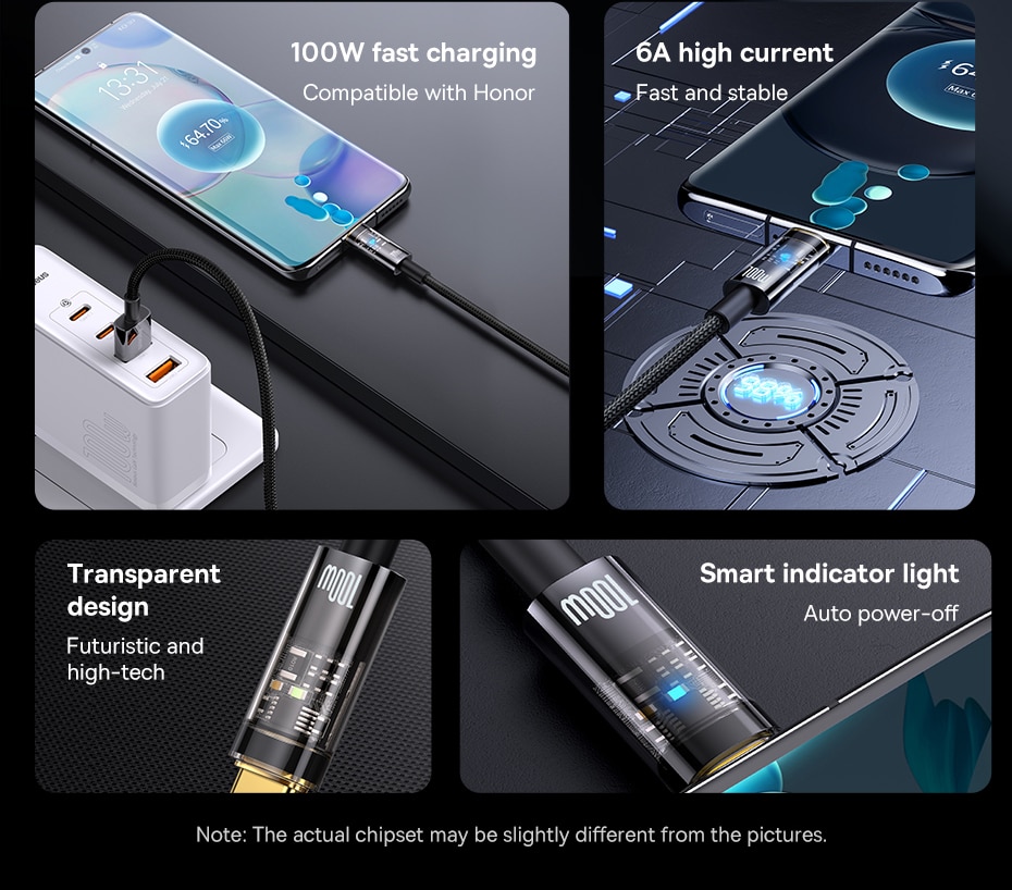 كابل Baseus USB C 100W 6A شحن سريع كابل بيانات من النوع C مضاد للانحناء لهاتف Huawei Xiaomi Samsung 1M