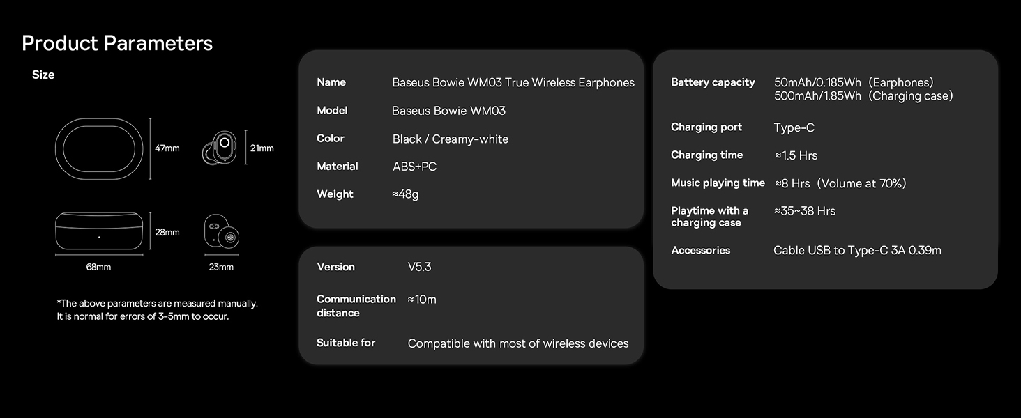 سماعات أذن Baseus Bowie WM03 True اللاسلكية - وقت تشغيل 38 ساعة، بلوتوث 5.3، زمن استجابة منخفض للغاية، علبة شحن سريعة، صوت غامر - أبيض