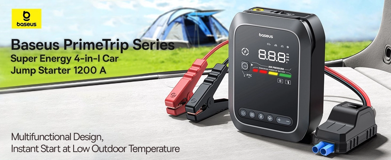 BASEUS Primetrip Series Super Energy 4in1 Car Jump Starter 1200a مع 150 PSI Tyre Velatorator ، 3000mah Power Bank &amp; Flashlight