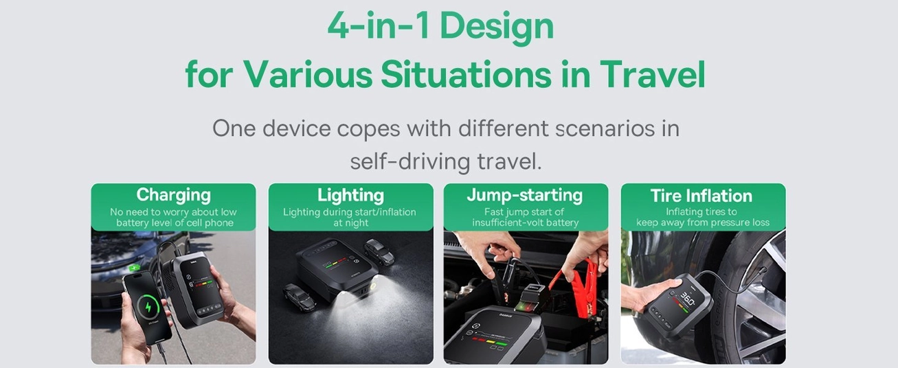 BASEUS Primetrip Series Super Energy 4in1 Car Jump Starter 1200a مع 150 PSI Tyre Velatorator ، 3000mah Power Bank &amp; Flashlight