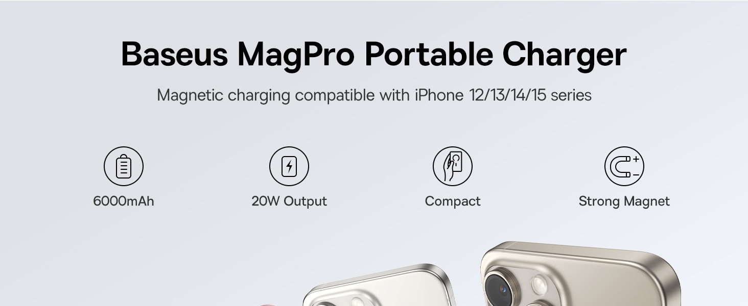 Baseus باور بانك لاسلكي مغناطيسي صغير بقوة 6000 مللي أمبير في الساعة بقدرة 15 وات مع منفذ PD بقوة 20 وات من النوع C