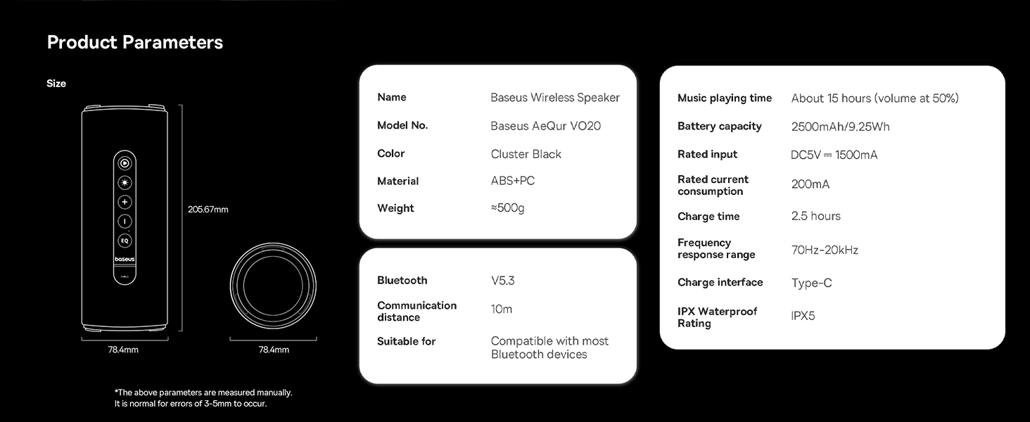 سماعات بلوتوث Baseus AeQur Series VO20 مع إضاءة RGB المحيطة | BT 5.3، وقت تشغيل 15 ساعة، صوت ستيريو عالٍ 15 وات، جهير عميق - أسود