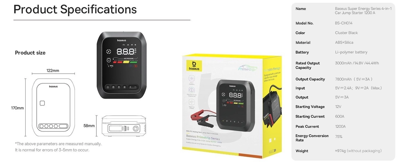 BASEUS Primetrip Series Super Energy 4in1 Car Jump Starter 1200a مع 150 PSI Tyre Velatorator ، 3000mah Power Bank &amp; Flashlight