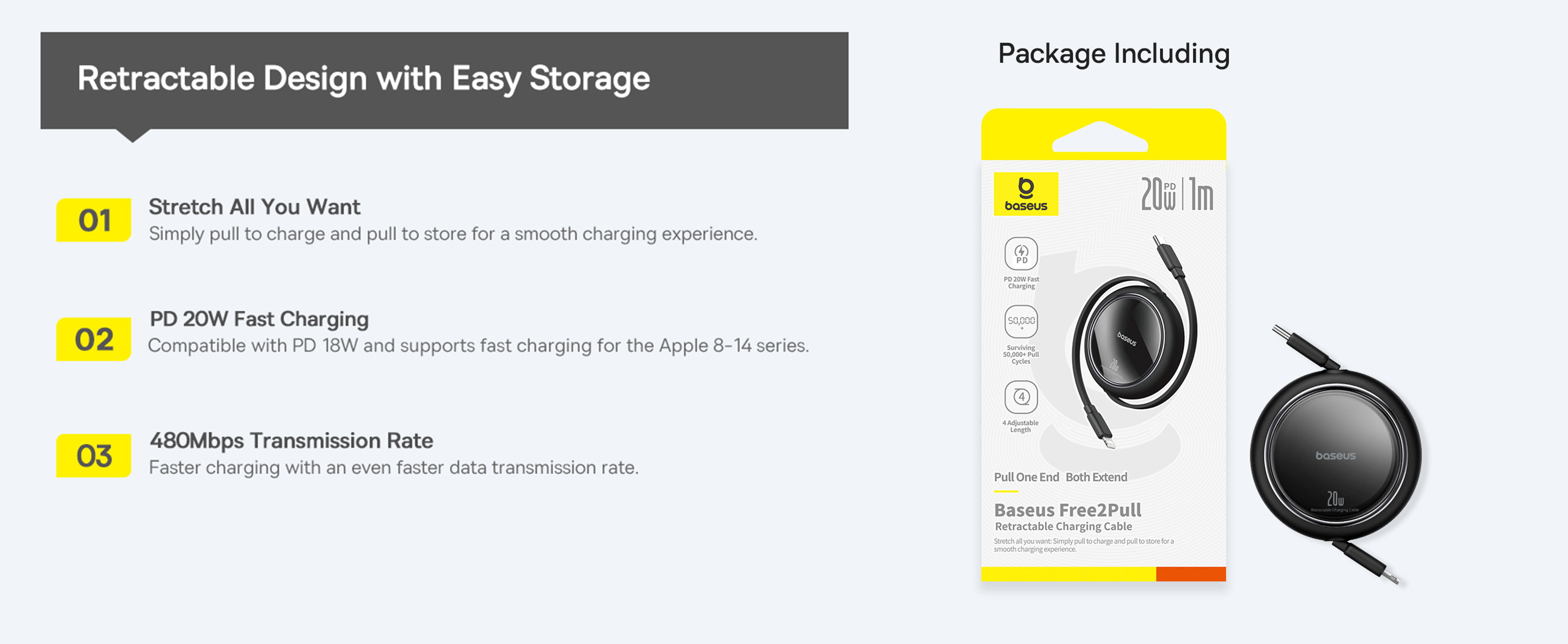 كابل بيانات Baseus 20W Free2Pull قابل للسحب من النوع C إلى Lightning للشحن السريع بطول 1 متر